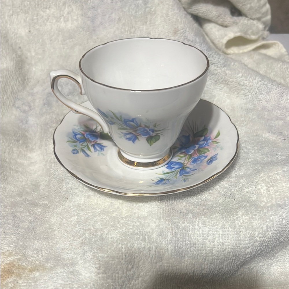 Floral Blue and White Teacup and Saucer Set